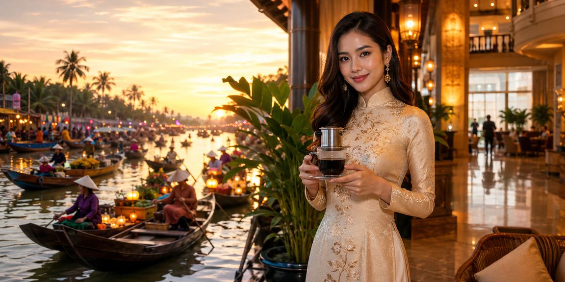 Người dùng thư giãn bên ly cà phê vùng Mekong, sử dụng ứng dụng cá cược và casino trên điện thoại